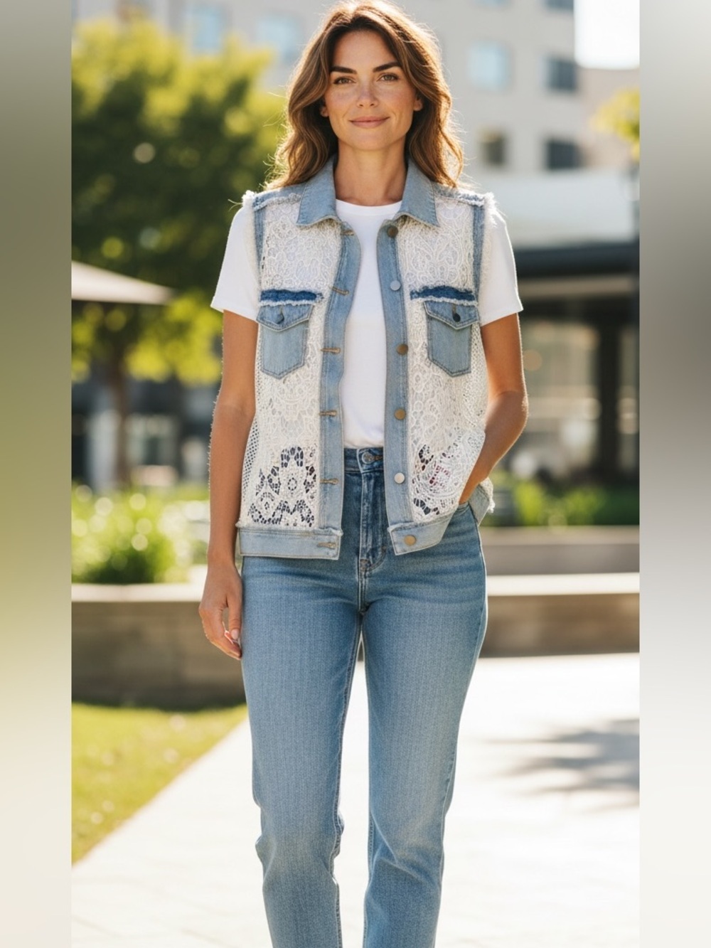 POL Light Blue Denim Vest with Ivory Lace Panels